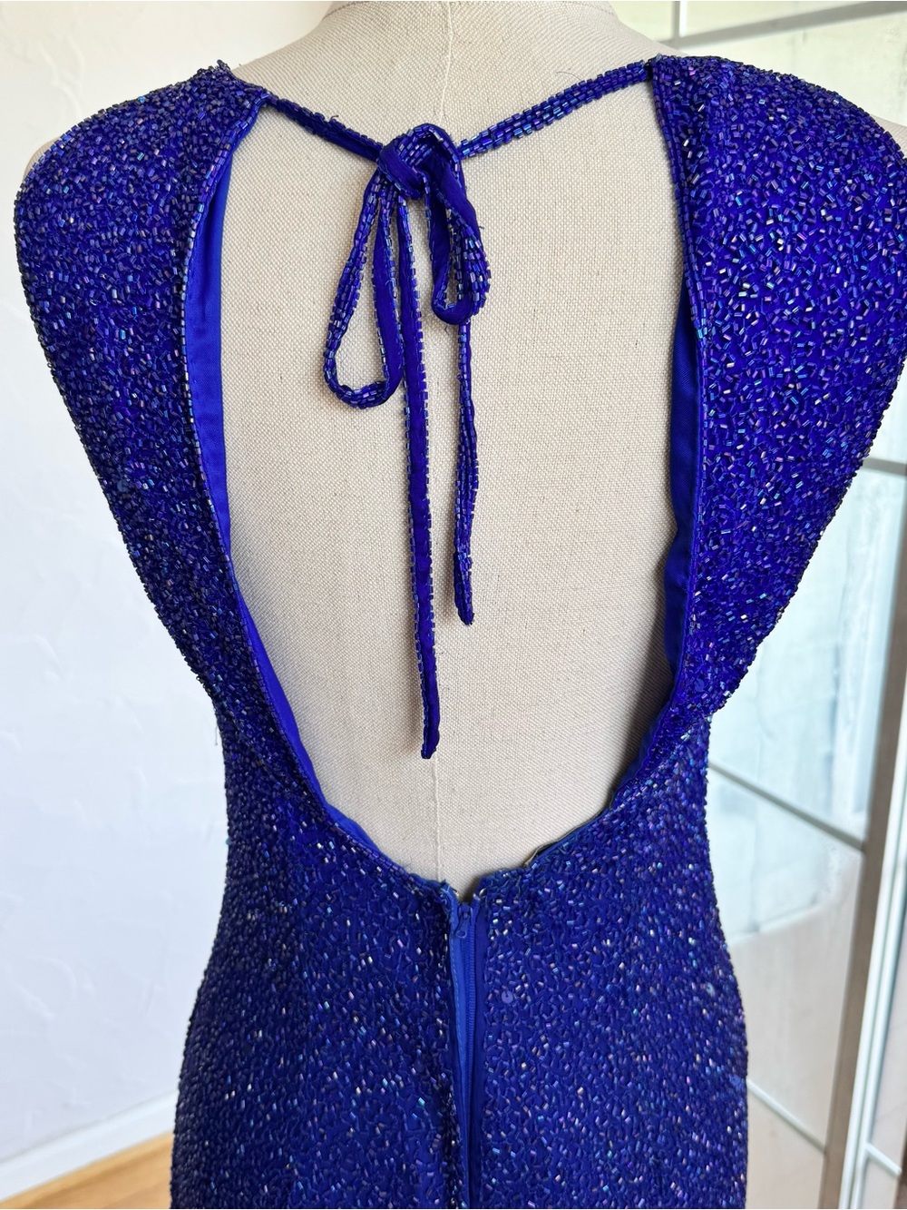 Vintage Sténay Cobalt Blue Silk Beaded Open Back Maxi Dress Size P6 90s